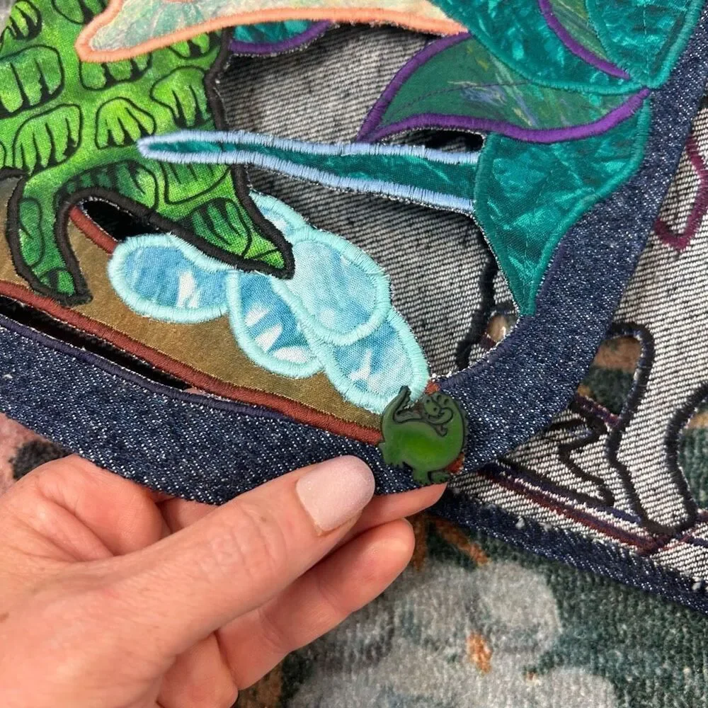 Vintage Handmade Dino Vest Kids Embroidered Blue western Applique Dinosaur Denim - Picture 9 of 10